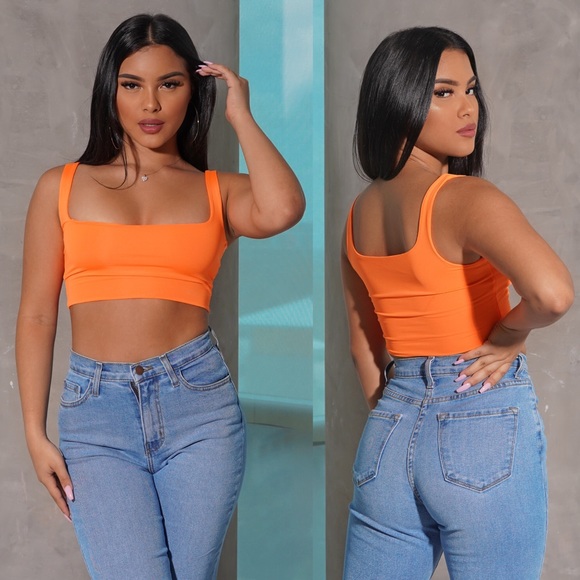 neon orange square neck crop top